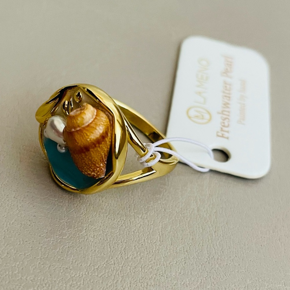 LAMENO Freshwater Pearl Sea Shell Ring in Blue and Gold - Picture 9 of 10